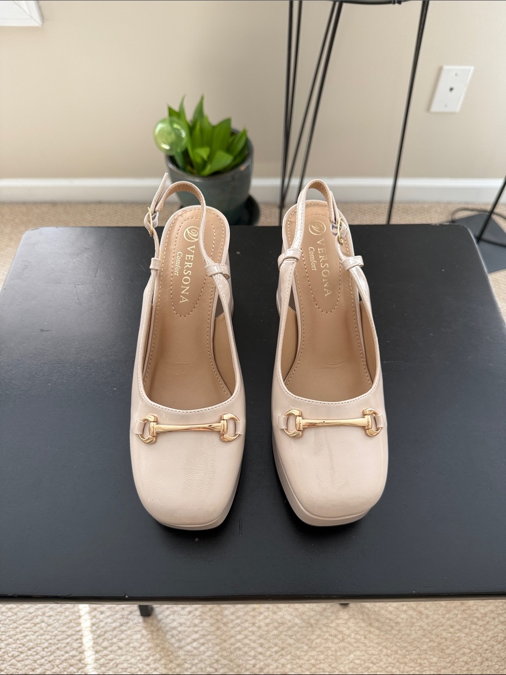 Versona Beige Slingback Loafer with Gold Bit Accent
Size 8